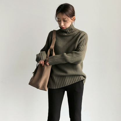 Solid high neck knit sweater for women