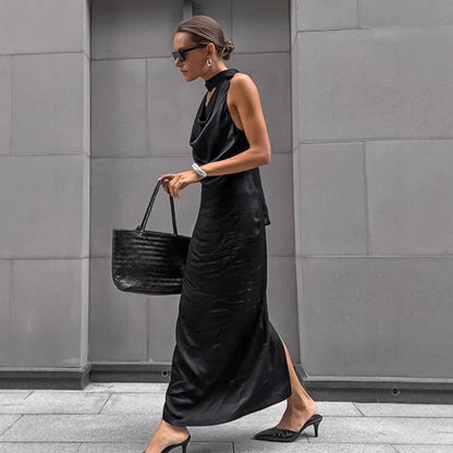 Women’s Halter Neck Dress – Satin Midi – Bodycon Fit – Draped Cowl Neck – Sleeveless