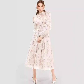 Women’s Evening Gown – Chiffon – Full Length – Long Sleeve – Ruffle – Printed