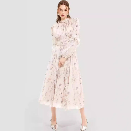 Ruffle Printed Chiffon Evening Gown