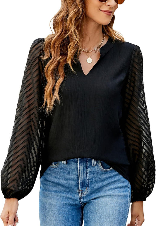 V-Neck Lace Splicing Long Sleeves Top