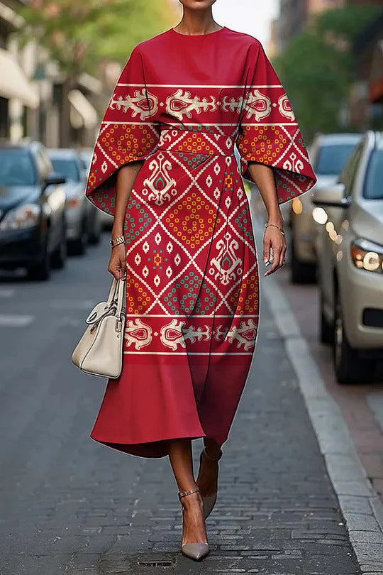 Women’s Midi Dress – A-Line Fit – Luxury Fabric – Kimono Sleeves – Floral Design