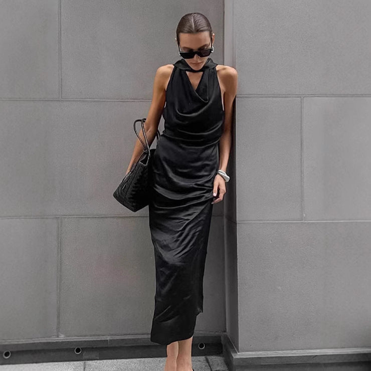 Women’s Halter Neck Dress – Satin Midi – Bodycon Fit – Draped Cowl Neck – Sleeveless