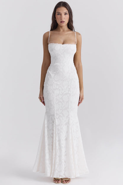 Women’s Maxi Dress – Slim Fit – Satin Feel – Lace Neckline – Spaghetti Straps – Formal Wear