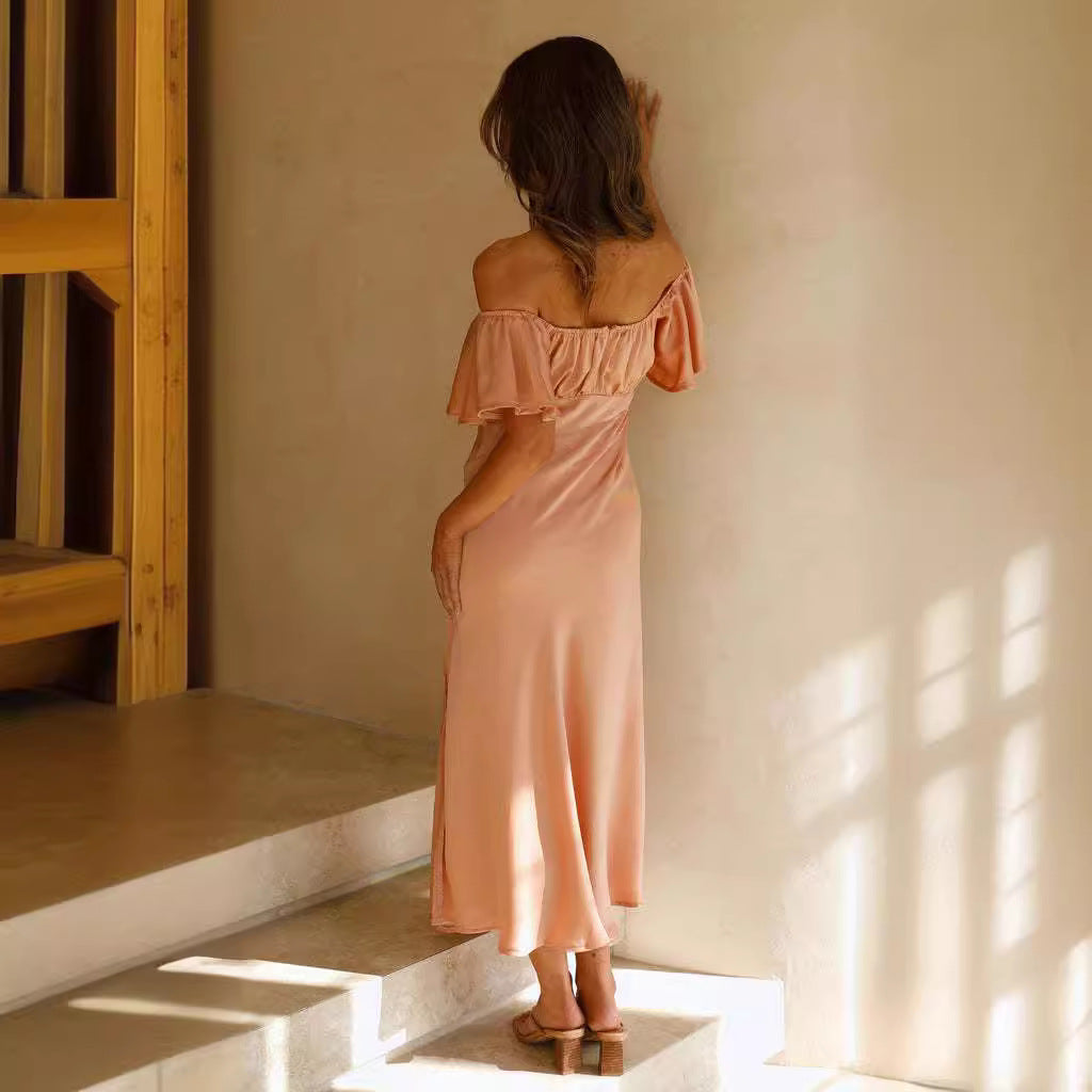 Satin Slim Fit Off-Shoulder Midi Dress