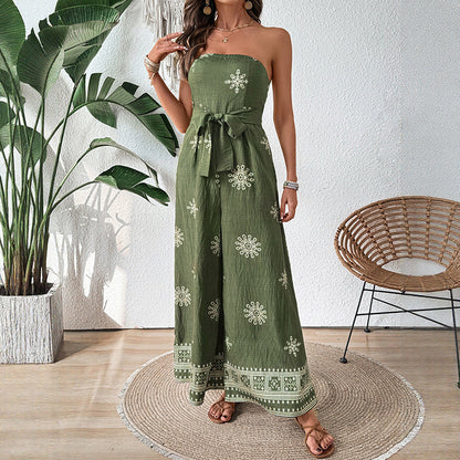 Women’s Strapless Jumpsuit – Wide Leg Fit – Cotton Linen – Self-Tie Waist – Boho Pattern