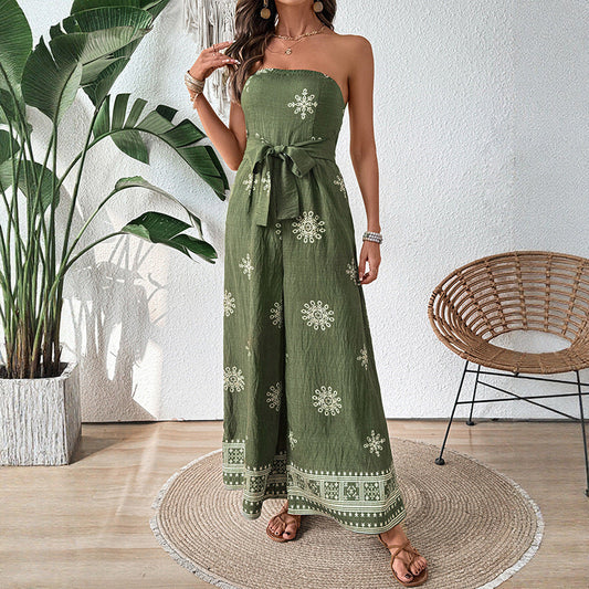 Cotton Linen Wide Leg Strapless Jumpsuit