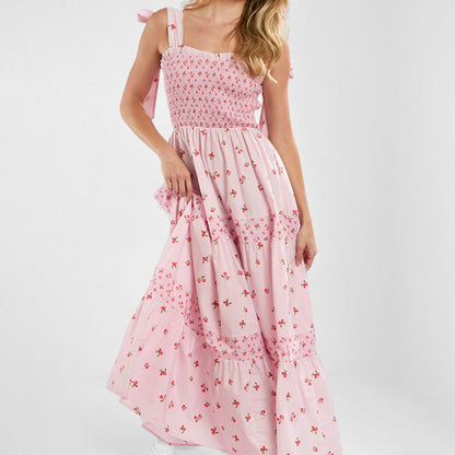 Women’s Sundress – Smocked Bodice – Tiered Maxi Skirt – Floral Print – Tie Straps