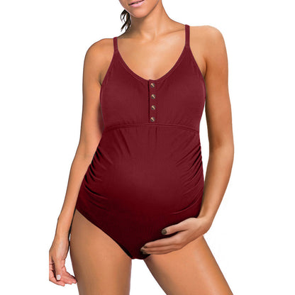 Women’s Maternity Swimsuit – Stretch Fit – Ribbed Texture – Button Front – Full Coverage