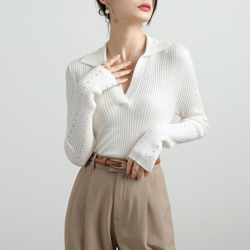 Elegant Ribbed V-Neck Collared Sweater