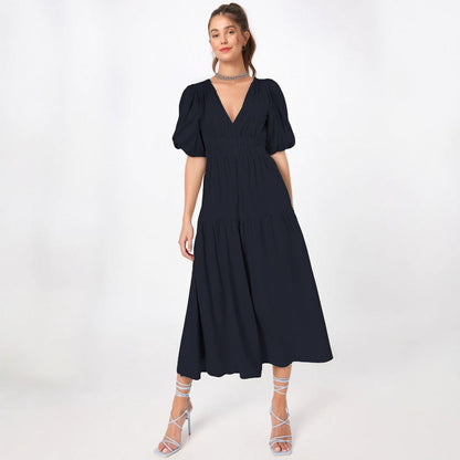 Women’s Midi Dress – Deep V-Neck – Puff Sleeves – Fitted Waist – Tiered Skirt