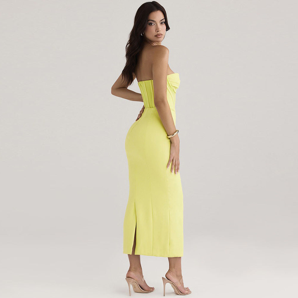 Women’s Strapless Bodycon Dress – Slim Fit Midi – Boned Bodice – Back Slit Formal Wear