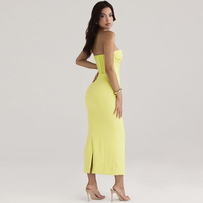 Women’s Strapless Bodycon Dress – Slim Fit Midi – Boned Bodice – Back Slit Formal Wear