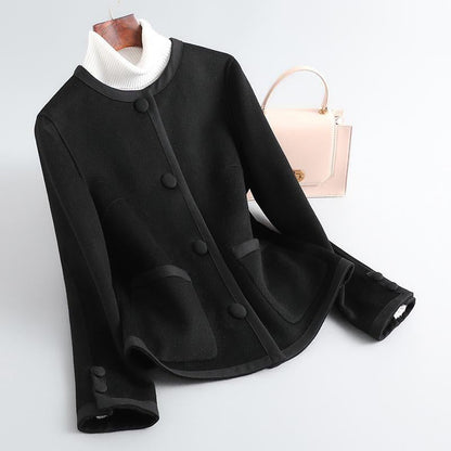 Women’s Short Coat - Wool - Tailored Fit - Round Neck - Contrast Trim - Button Front