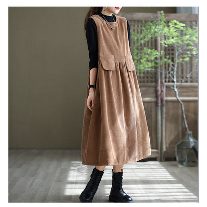Women's Corduroy Pinafore Dress - Sleeveless A-Line Midi - Casual Relaxed Fit