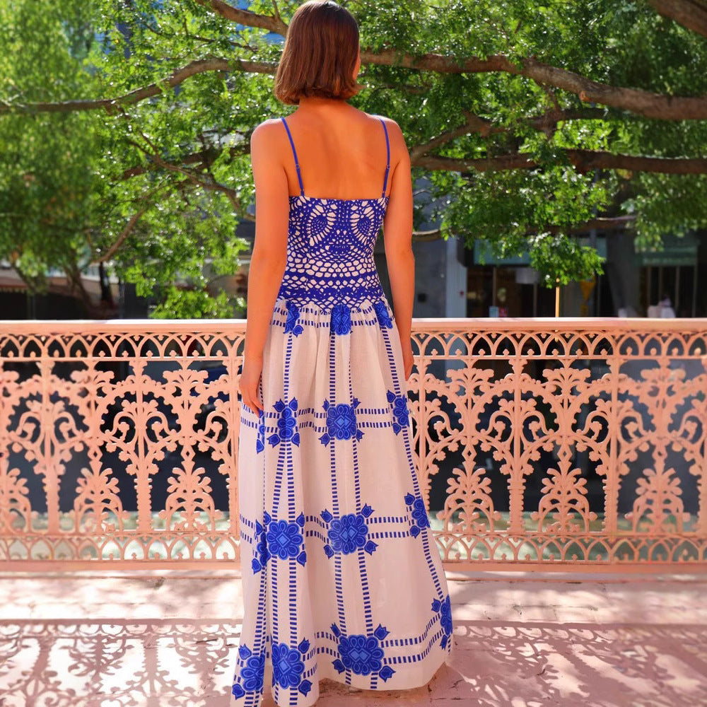 Women’s Long Dress – Crochet Lace Bodice – Spaghetti Straps – A-Line Flowy Fit