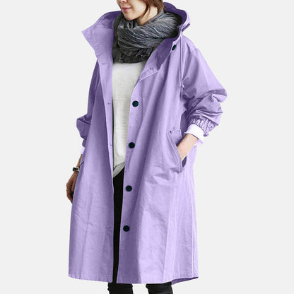 Women's Long Overcoat - Water-Resistant - Hooded with Button Closure - Elastic Cuffs