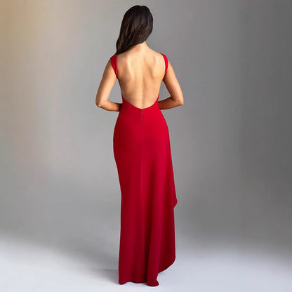 Women’s Evening Dress – Slim Fit – Satin Feel – Sleeveless – High Slit – Open Back