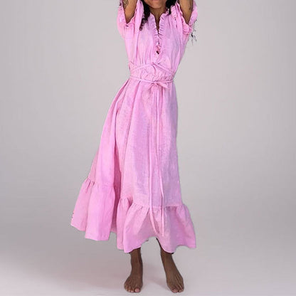 Women’s Midi Dress – Puff Sleeve – V-Neck Ruffle – Tie Waist – Relaxed Fit
