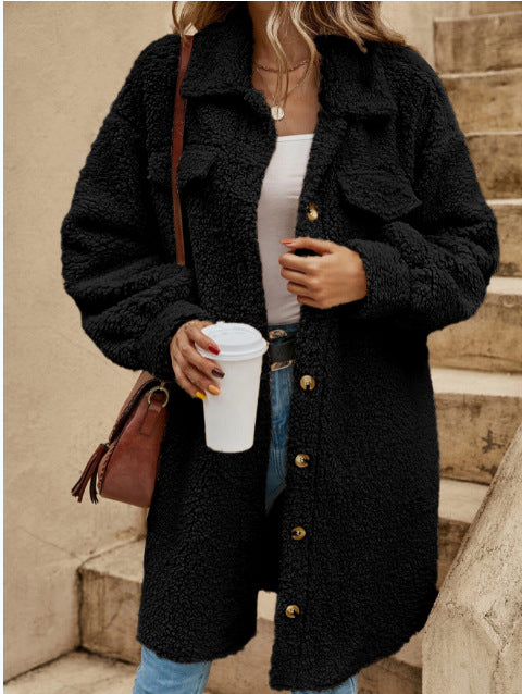 Women’s Long Coat – Plush Fleece – Oversized Fit – Button Down with Lapel Collar