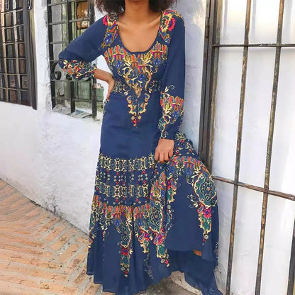 Women's Maxi Dress - Bohemian Print - Long Sleeve - Scoop Neck - Flowy Relaxed Fit