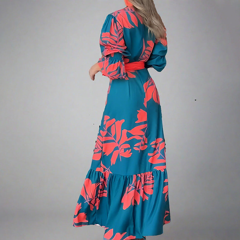 Women’s Maxi Dress – Flared Silhouette – Puff Sleeve – V-Neck – Belted Bold Print