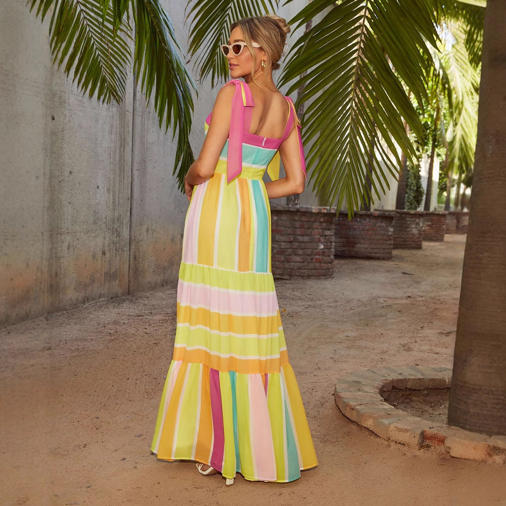 Women’s Maxi Dress – Flowy Fit – Square Neck – Tie Straps – Tiered Skirt – Breathable Fabric