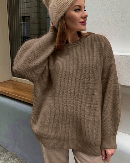 Women’s Oversized Sweater – Soft Knit – Ribbed Texture – Crew Neck – Long Sleeve