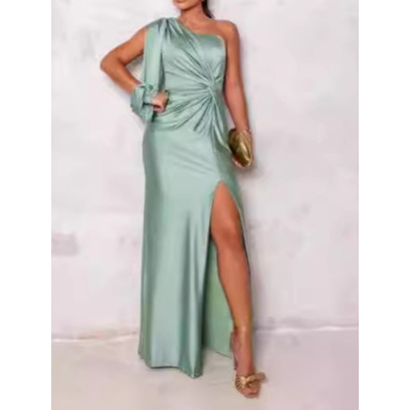 Satin Finish One Shoulder Maxi Dress
