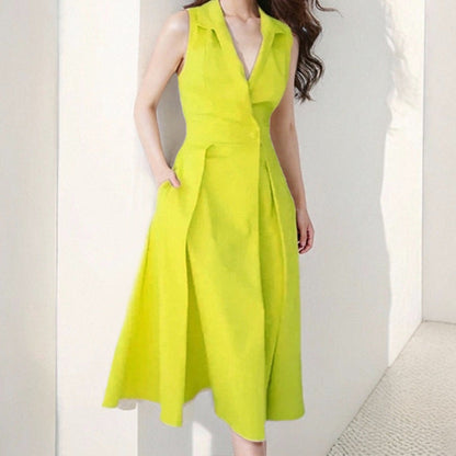 Women’s Midi Dress – V-Neck Button Front – Tailored Fit – Sleeveless Flared Skirt