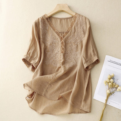 Women’s Short Sleeve Shirt – Loose Fit – V-Neck – Embroidered – Breathable Blend