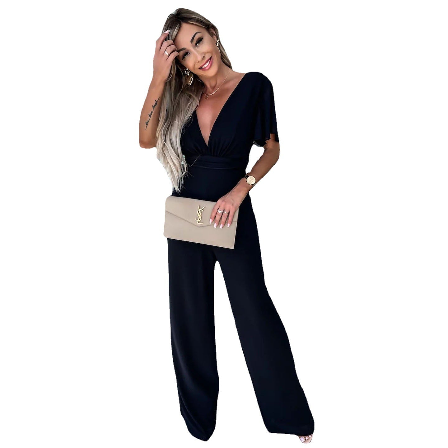 Women's Jumpsuit - V-Neck Wide-Leg - Flutter Sleeve Cinched Waist Elegant Fit