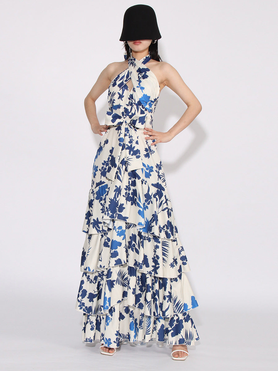 Women's Evening Gown - Halter Neck Cutout - Floral Print - Tiered Ruffle Floor-Length