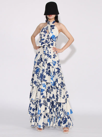 Women's Evening Gown - Halter Neck Cutout - Floral Print - Tiered Ruffle Floor-Length