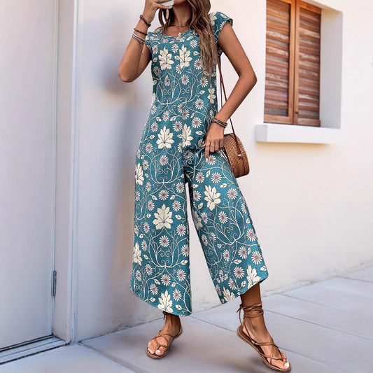 Women’s Jumpsuit - Relaxed Fit - Wide Leg - Short Sleeve - Floral Blend