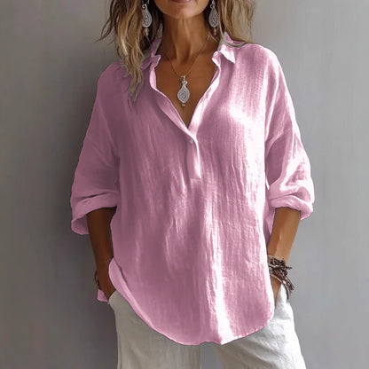 Women’s V-Neck Shirt – Loose Fit – Rolled Long Sleeves – Natural Fibers – Casual Style