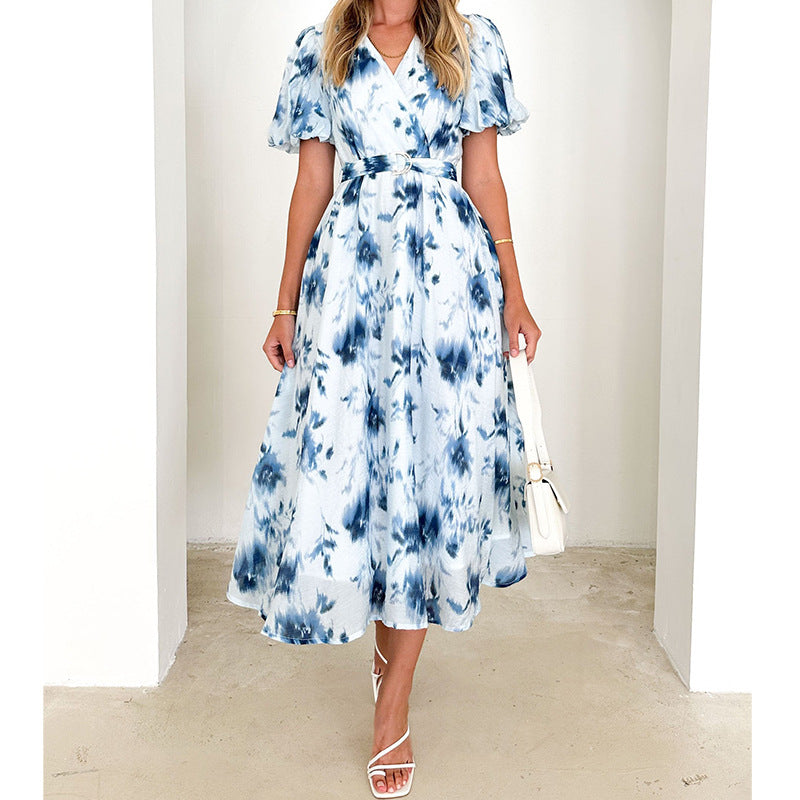 Women’s Midi Dress – V-Neck – Puff Sleeve – Fitted Waist – Flared Silhouette