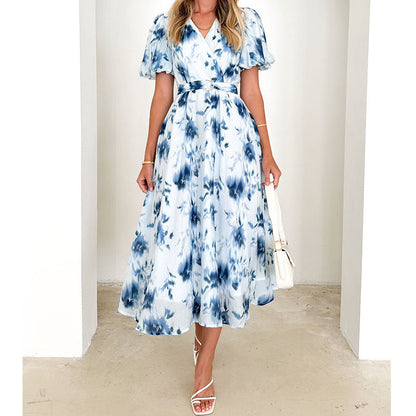 Women’s Midi Dress – V-Neck – Puff Sleeve – Fitted Waist – Flared Silhouette
