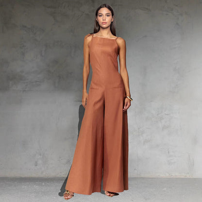 Women’s Sleeveless Jumpsuit – Relaxed Fit – Wide Leg – Cotton Linen Blend