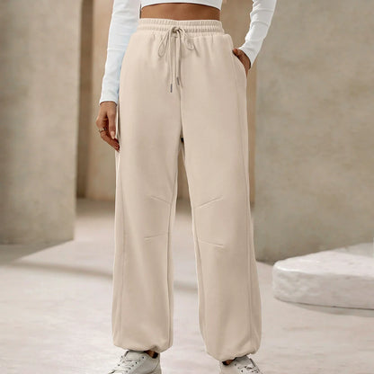Women’s Casual Pants – Relaxed Fit – High Waist Drawstring – Cotton Feel – Full Length