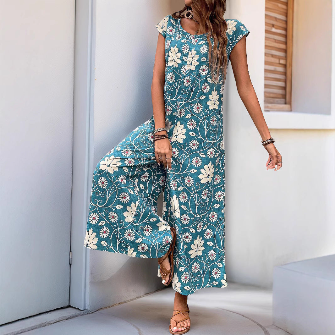 Women’s Jumpsuit - Relaxed Fit - Wide Leg - Short Sleeve - Floral Blend