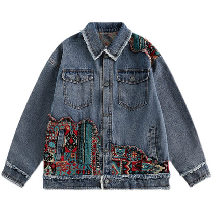 Denim Jacket - Ethnic Patchwork - Button-Up - Fringe Hem  for Women