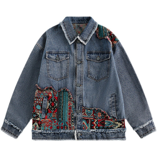  Ethnic Patchwork - Button-Up Denim Jacket