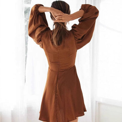 Women’s Mini Dress – V-Neck – Puff Sleeve – Tie Waist – Flowy A-Line Fit
