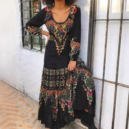 Women's Maxi Dress - Bohemian Print - Long Sleeve - Scoop Neck - Flowy Relaxed Fit