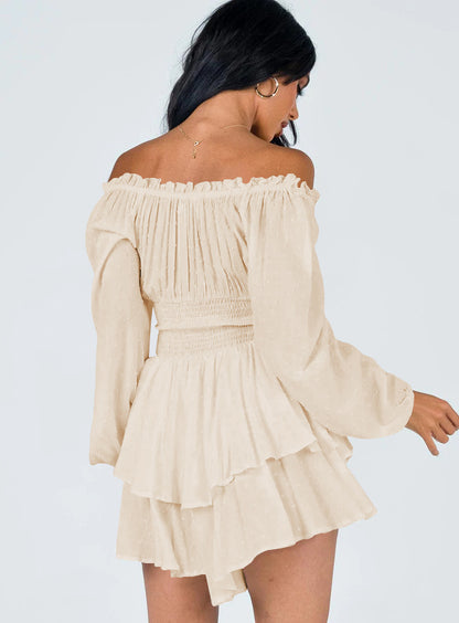 Women's Off-Shoulder Shirred Dress - Long Sleeves - Flowing Ruffle Hem