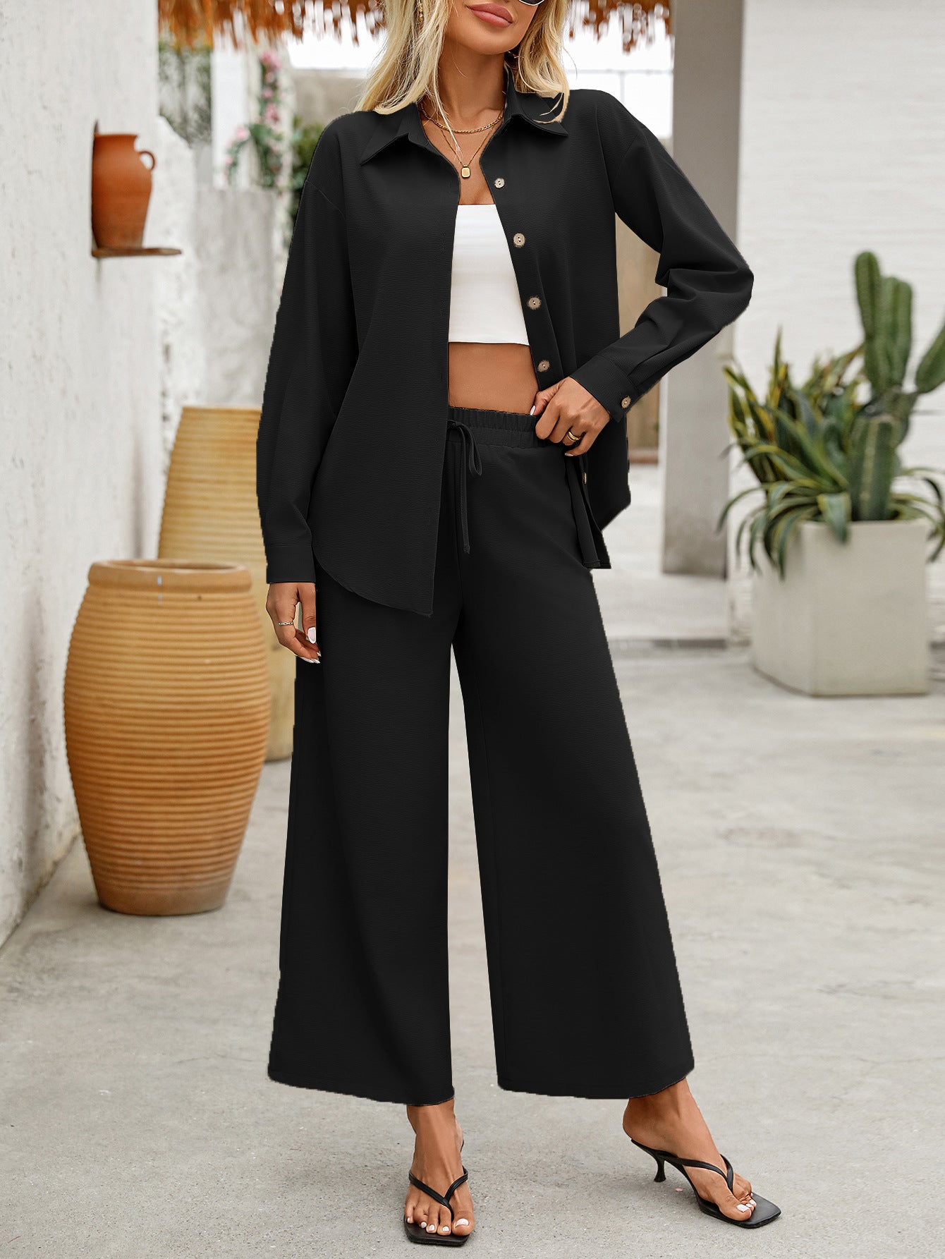 Linen Blend Loungewear Button-Up Shirt Set