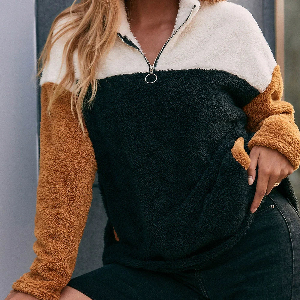 Women’s Sweatshirt – Oversized Fit – Sherpa Texture – Half Zip Patchwork Design – Pockets