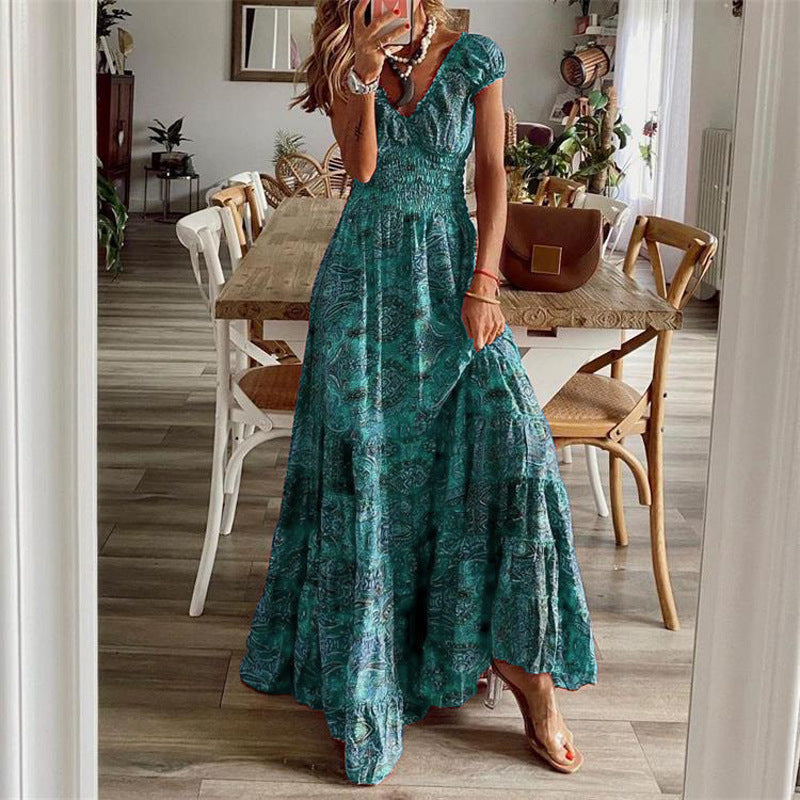 Women’s Maxi Dress – V-Neck – Smocked Bodice – Tiered Skirt – Lightweight Cotton