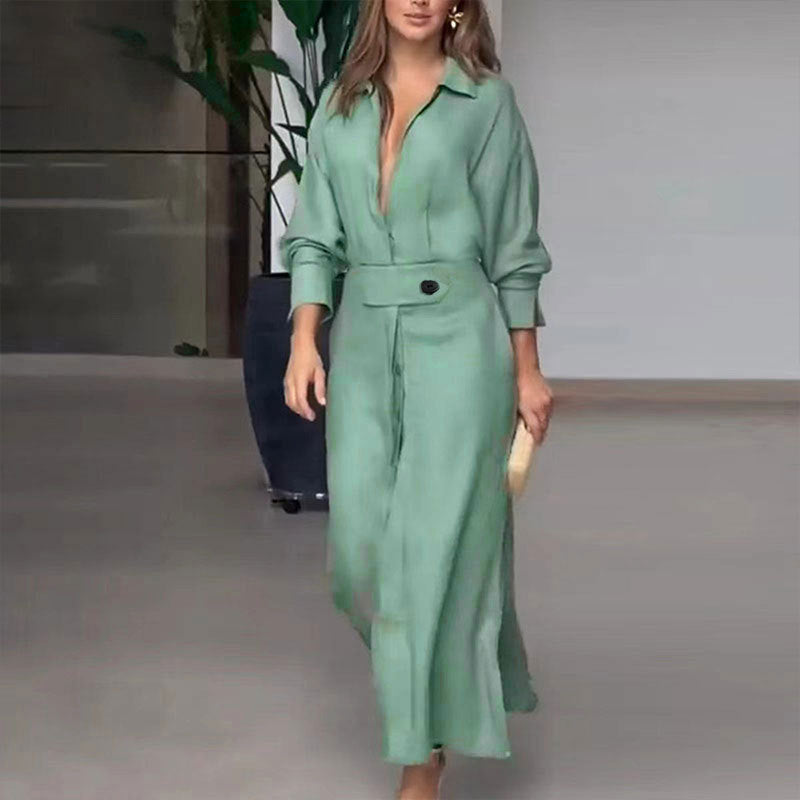 Women's Long Dress - Shirt Collar - Belted Waist - Button Front - Side Slits